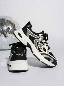 Women's Color - Block Chunky Sneakers, Mesh - Breathable, Retro Dad - Shoe Style, Comfortable For Running And Casual Sports . - màu đen - Xem 5