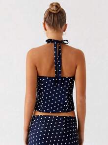 Women 2 Piece Skirt Set Black Polka Dot Sleeveless Halter Neck Crop Tank Top And Maxi Skirt Summer Sets For Women Elegant Two Piece Skirt Outfits For Women Party Club Going Out - Màu xanh lam - Xem 3