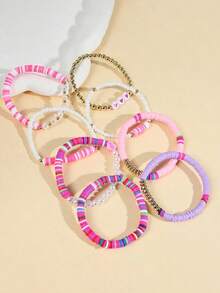 Set de 8 pulseras bohemias lindas para niñas - Corazón de arcilla de colores aleatorios y perlas de arcoíris falsas, diseño elástico apilable, accesorio para combinar a diario y regalo - Multicolor - Ver 3