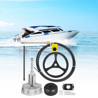 Cable de dirección para barco, cable de dirección fueraborda de 12 pies, kit de dirección giratoria mecánica de 12 pies con rueda de 13 pulgadas para sistema de dirección de barco