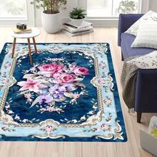 Tapete com estampa floral - estilo boho vintage, azul com flores rosa e brancas, elegante acabamento dourado, poliéster macio, perfeito para decoração moderna de casa, sala de estar ou quarto, tapete de área - Multicolorido - Ver 3