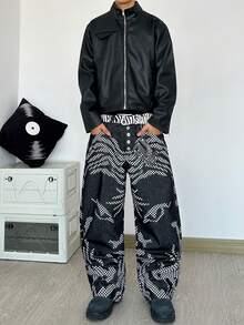 1pc American Street Style Printed Men's Wide Leg Jeans, Comfortable Loose Fit Denim Pants (Product Does Not Include Belt And Accessories) - Black - View 7