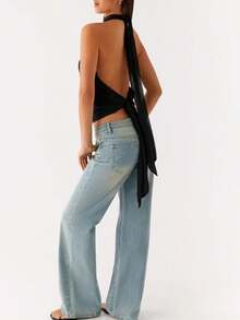 Women's Halter Pleated Chiffon Tank Top Sleeveless Neckline Tie-Up Open Back Tie Casual Blouses 2025 Summer Tops - 黑色 - 查看 5