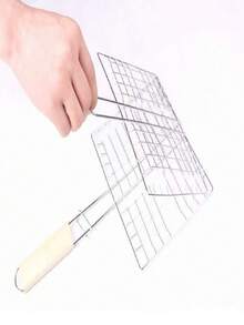 1 pieza Rejilla de acero inoxidable antiadherente multiusos, estilo de camping al aire libre con forma de rejilla desmontable y portátil para parrilla de barbacoa con mango de madera para asar alitas de pollo, berenjena, pescado, perfecta para fiestas de barbacoa de verano, picnics y eventos de parrilla en el patio trasero
