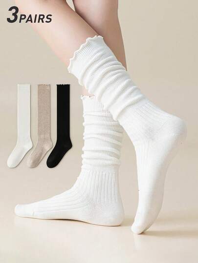 3 Pairs Women's Black & White Combination Socks, Ruffled Lace, Vertical Striped Texture, Knitted Fabric, Warm & Breathable, Slim Leg Slouch Socks, Suitable For Home, Commute, School, Dates, Holiday Gifts, Autumn/Winter