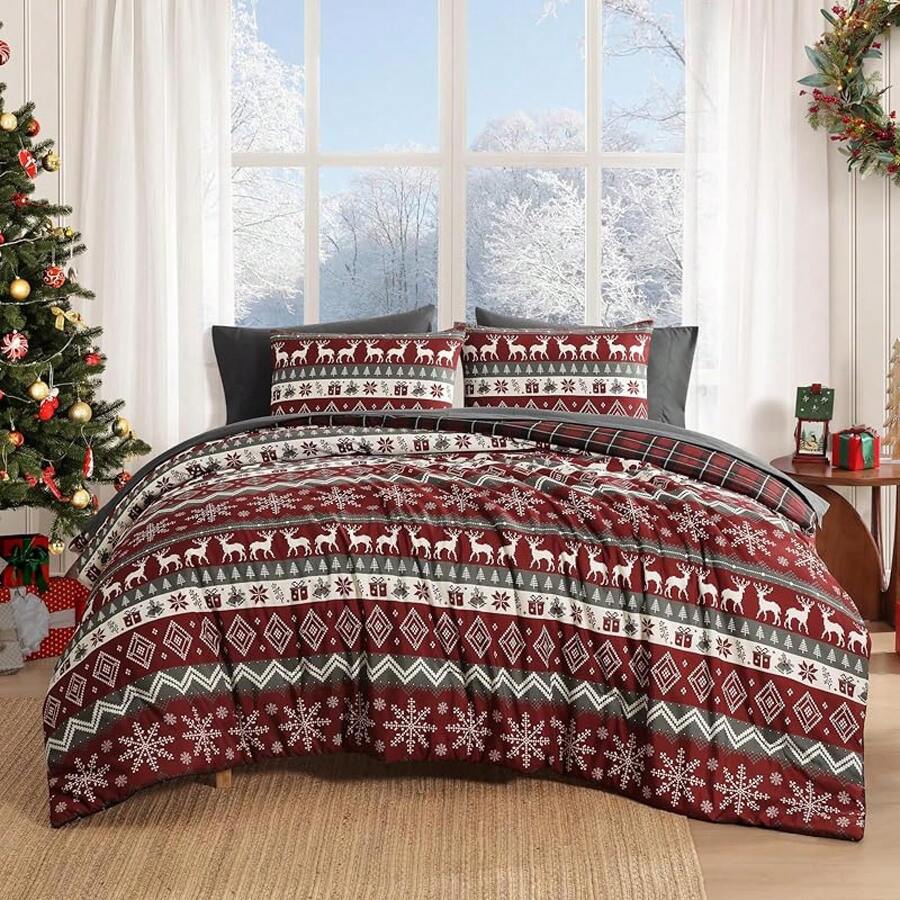 Juego de edredón King, juego de ropa de cama a cuadros rojo y negro clásico, estilo granja, ligero para todas las estaciones, incluye sábanas, fundas de almohada y fundas, decoración del hogar - Navidad roja - Ver 1