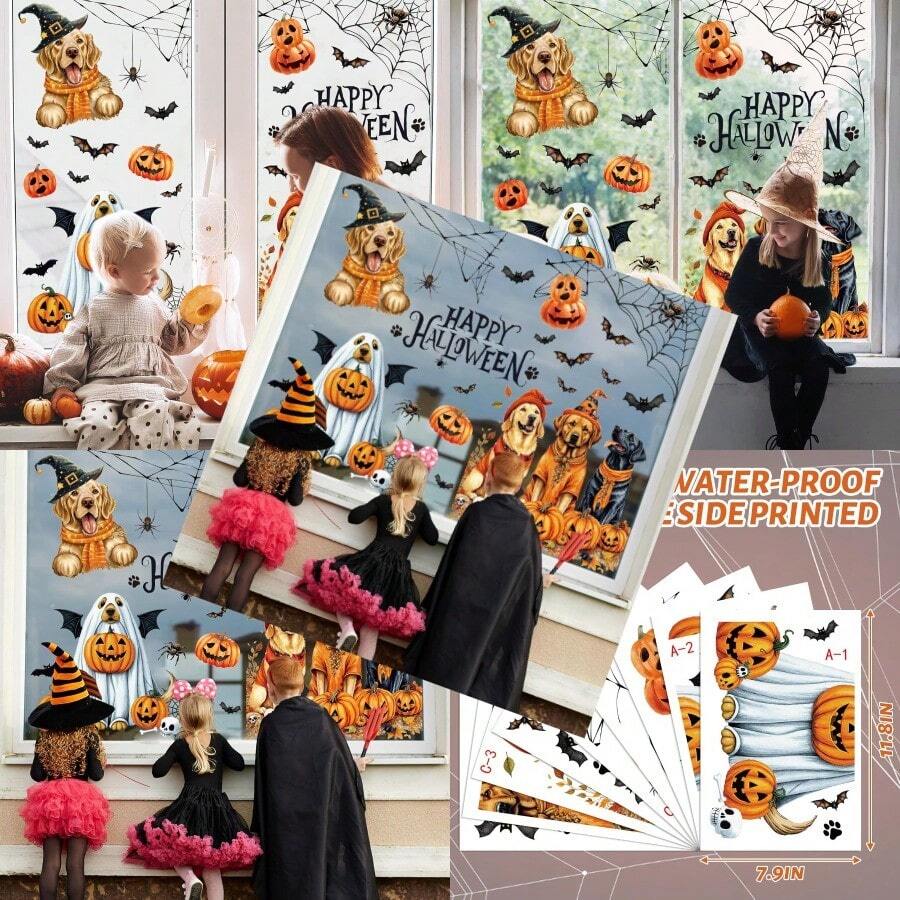 9 Sheets Halloween Dog Window Clings Ghost Pumpkin Bat Window Stickers Double-Sided Glass Decals For Home Classroom Office Party Decoration