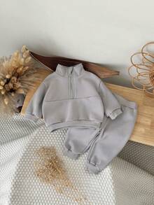 2pcs/Set Baby Boy Casual Solid Dark Gray Long Sleeve Stand Collar Zip-Up Fleece Hoodie And Pants, Autumn/Winter - Dark Grey - View 5