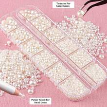 2700pcs Flat Pearl Set, 1 Box Flat White Small Semi-Round Pearls With Pickup Pen And Tweezers, For Graduation Cap Decoration DIY And Handcraft - 12-grid Resin Pearls - View 3