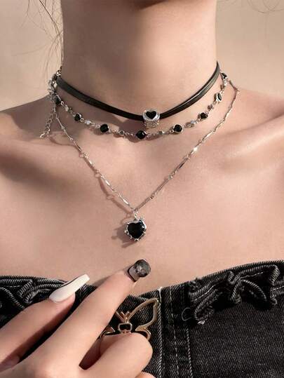 Mehrreihige Halskette für Frauen, kantig & süß schwarze Lederkordel Halskette, Choker Halskette