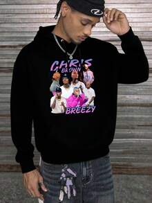 " Breezy" Graphic Hoodie, Black Figures & " BREEZY" Text Print Sweatshirt, Music Fan Casual Daily Wear - Black - View 1