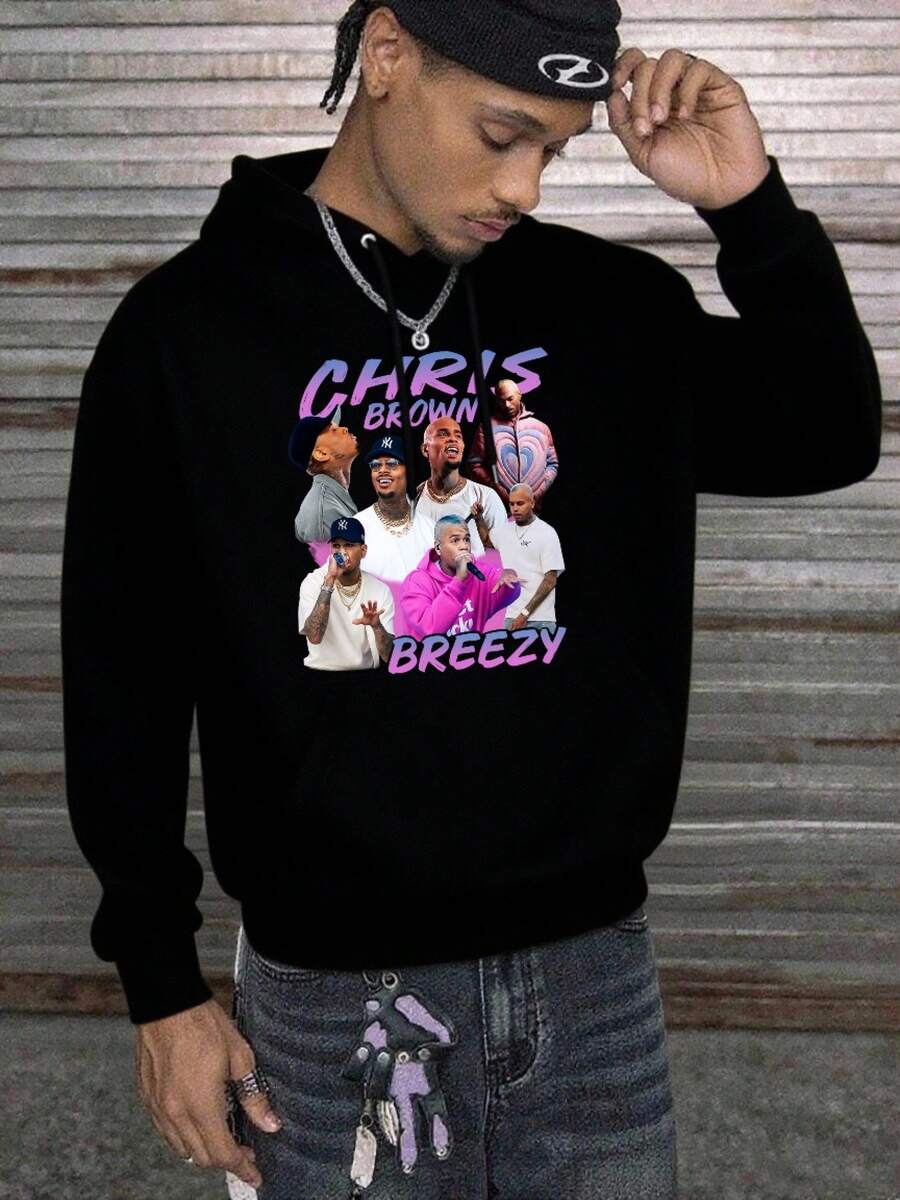 " Breezy" Graphic Hoodie, Black Figures & " BREEZY" Text Print Sweatshirt, Music Fan Casual Daily Wear - Black - View 1