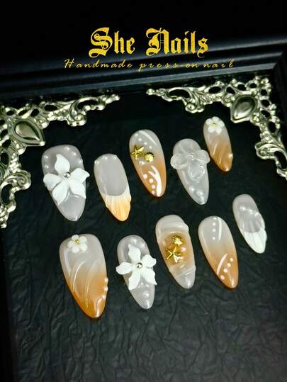 DIY Ocean Element Medium Long Almond Acrylic Handmade Press On Nail 10pcs Glossy Shimmer French Tip Y2K Ocean Element Silver Nails White Nails Pure Handmade3D Carving Technology, 3D Handmade Water Ripples Water Droplets, 3D Handmade Jellyfish Starfish Decoration, Blurred Nails, 3D Small Pearl Decoration Suitable For Women And Girls Wear Bikini Holiday To Use Wear With Free Gel Sticker Nail File.