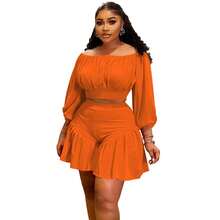 Plus Size Women's Ruffled One-Shoulder Puff Sleeve Top & Shorts 2-Piece Set - Sweetheart Neckline Waist-Defining Casual Outfit Date, Vacation & Party,Plus Size Fall Clothes Women,Plus Size Women Clothes,Seven Colors Are Available Selection.Please Check Size Chart Before Purchasing. - 橘色 - 查看 6