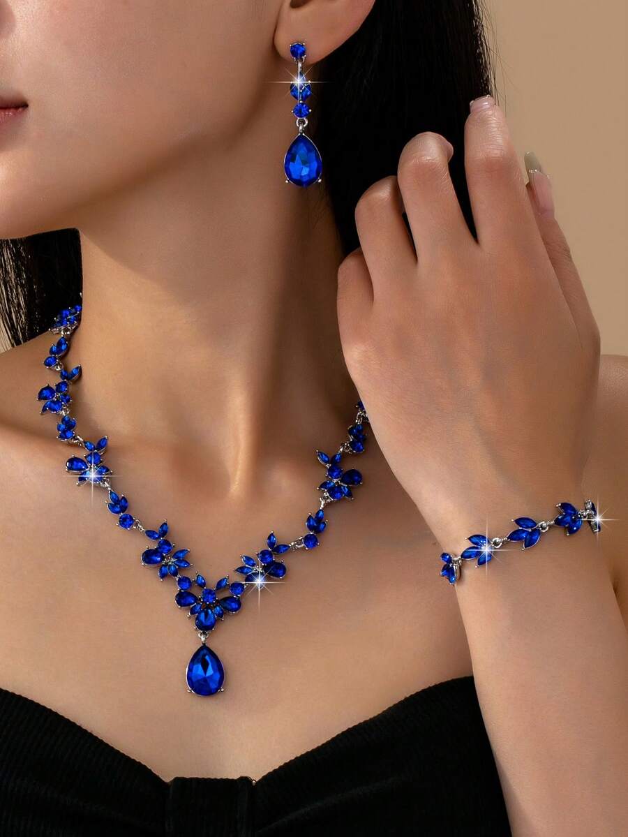 1 Set Elegant Luxury Romantic Floral Teardrop Rhinestone Jewelry Set, High-End Bridal/Wedding/Party Accessories, Intimate Gift - Royal Blue - View 1