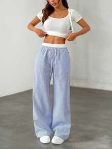 女士浅蓝色亚麻抽绳阔腿裤 | 休闲高腰裤 - 藍色 - 查看 9