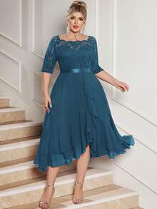 Vestido de cóctel de vuelo con cuello de barco, encaje floral, contraste de gasa y volante en el bajo para fiesta - Neblina azul - Ver 4