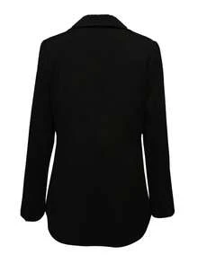 Women's Elegant Solid Color Satin Lapel Single-Breasted Cinched Waist Office Blazer, Spring/Autumn - Black - View 6
