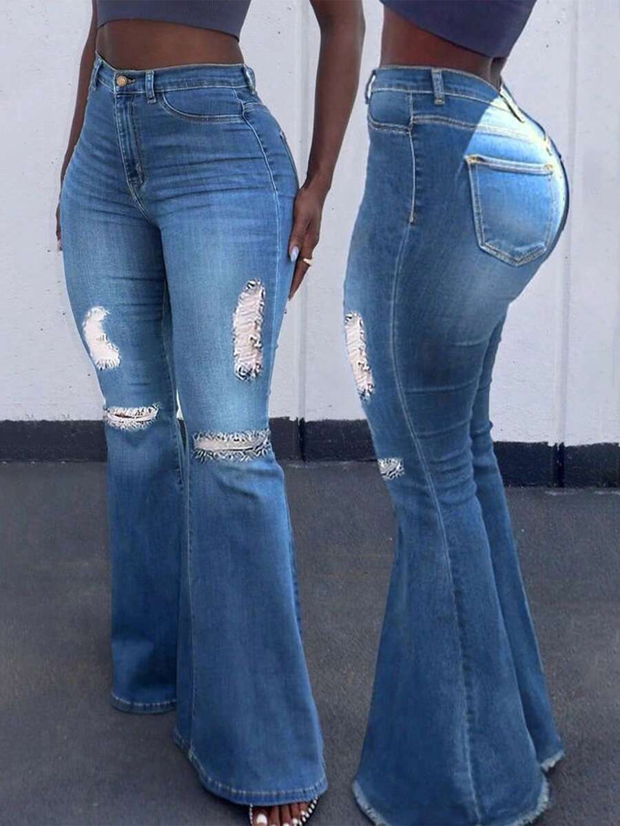 Mid-Rise Hip-Lifting Jeans For Women, With Flared Legs, Zipper Pockets, Sexy Curve-Hugging Flare Leggings, Unprocessed Fed Hem. - Rửa tối - Xem 1