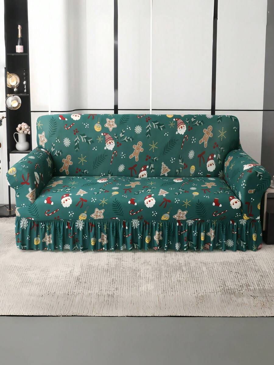 Christmas Party Decoration Ruffled Sofa Cover (Including Santa Claus, Snowflake And Gingerbread Patterns) Polyester Fiber Sofa Cover, Home Decor - Green - View 1