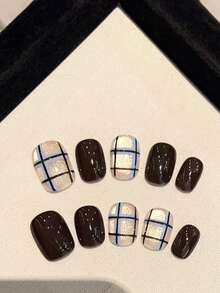 10PCS Pure Handmade Wearable Nail, Simple And Cute Blue Checkered Black Cat Eye Short Style, Suitable For Daily Wear By Women And Girls, Square Short Nails For Parties And Gatherings, With Free Nail Accessories Such As Jelly Glue And Rubbing Strips. [Essential Nail Art For Autumn And Winter]