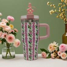 1pc 14oz Tumbler With Handle And Staw Stainless Steel Car Mug With Colorful Pattern On The Body, With A Handle Straw, Suitable For Home And Travel Use Can Be A Gift For Family And Friends - 繁殖花粉 - 查看 7