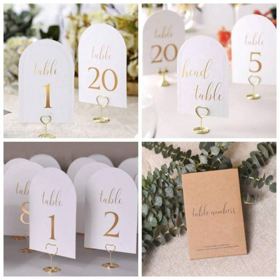 Arch Table Numbers 1 - 20+ Table, 4x6 Inch White Art Paper, Double - Sided, Gold Foil Embossed Details, Elegant Wedding Reception, Centerpiece Decoration, Event, Party, No Holders - 1-20 Lá Vàng - Xem 1