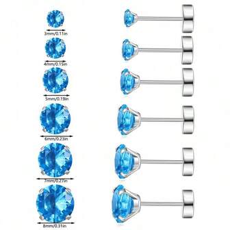 12pcs Women's Zirconia Stud Earrings Set, 6 Pairs, Hypoallergenic (Men/Couples) Stainless Steel Earrings, 9 Colors Available, Essential For Women's Autumn/Winter Outfits, Suitable As Gifts For Girlfriend, Mother, Birthday, Party And More