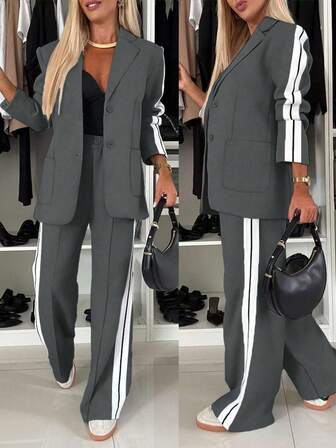 ChicMe Set de 2 piezas compuesto por un blazer con solapa entallada y botones frontales con cinta deportiva a los lados, y un pantalón ancho con bolsillos