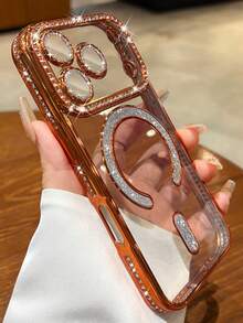 2025 奢华水钻镶嵌手机壳，兼容 17 Air 16 15 14 13 12 11 Pro Max Plus，磁吸式透明镜头保护 - 橘色 - 查看 4