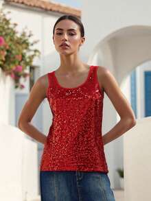 Womens Sequin Tank Tops  Sleeveless Round Neck Solid Color Tops Slim Fit Shirts Festival Tops - Red - View 3
