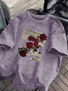 Áo thun cổ tròn cỡ lớn, chất liệu vải denim, màu đỏ nhạt, in hình hoa hồng, thích hợp mặc mùa hè. - Màu tím hoa cà - Xem 5