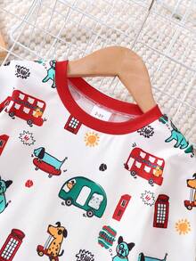 Conjunto de 2 piezas de top de cuello redondo con gráfico de coche y animal y pantalones casuales para niños pequeños, conjunto de ropa casual suave y cómoda adecuado para uso diario de niños, excelente como regalo diario, fiesta de Navidad, regalo de Año Nuevo