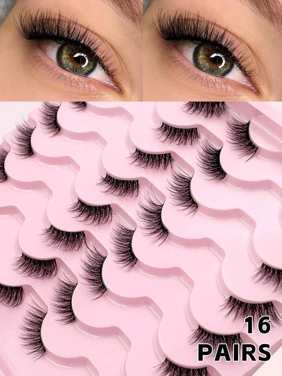 ENCHUW 16 Pairs Half Lashes Cat Eye With Clear Band Wispy False Eyelashes Natural Look 3/4 Corner Lashes Short Accent Lashes With Transparent Band - Black - View 1