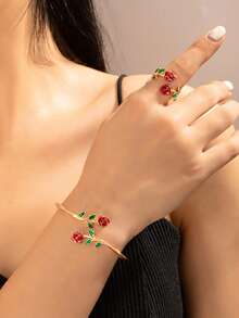 1 Set Of 2pcs Creative & Romantic Rose Flower Bracelet & Ring, Suitable As Valentine's Gift For Girlfriend - Multicolor - View 5