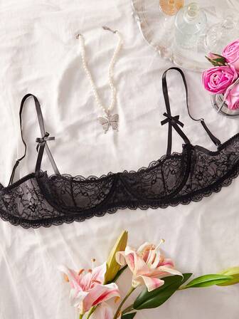 Plus Size Black Lace Seductive Bow Decor Half Cup Underwire Bra, Lingerie