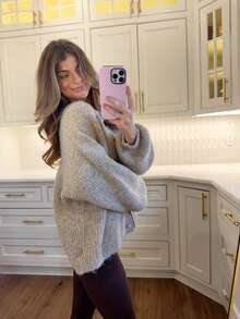 Womens Cardigans Long Sleeve Open Front Knitted Cardigan Button Round Neck Sweater Lightweight Solid Color Jumper - Khaki - View 2