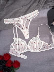 1 Conjunto de lencería cómoda para mujer con estampado de fresa blanca, encaje y lazo, con aros - Blanco - Ver 2