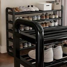 Durable 5-Layer Black Shoe Rack - Space-Saving Narrow Design, Wooden-Free Iron Craftsmanship, Suitable For Floor Installation In Foyers, Dormitories And Living Rooms, Shoe Rack, Wall-Mounted Shoe Rack, Vertical Shoe Rack, Foldable Shoe Rack, Wall Shoe Rack, Small Shoe Rack, Shoe Rack, Shoe Rack Organizer With Door, Shoe Rack With Cover, Over-The-Door Shoe Rack, Hanging Shoe Rack Organizer, Dormitory Essential, Living Room Decoration, Modern Storage Device, Fashionable Shoe Rack, Iron Structure, Lightweight Rack, Multi-Layer Rack, Small Space Solution, Apartment Living - Black - View 6