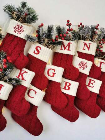 1pc Festive Red Knit Christmas Stocking - Perfect For Tree Decoration, Tableware Holder & Gift Bag - Polyester Holiday Decor Letter Christmas Socks Decoration Christmas Tree Pendant Christmas Wind Knitted Socks Christmas Decoration Prop
