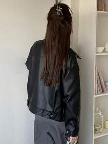 女式纯色前拉链长袖口袋休闲夹克 - 黑色 - 查看 3