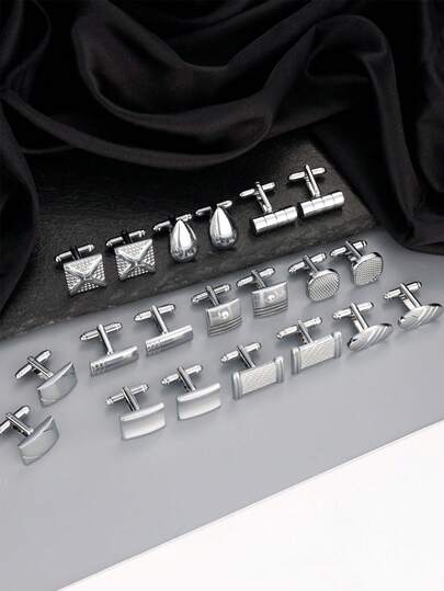 1 par de gemelos para hombres con diseño clásico de tono plateado y negro a rayas, con forma de disco y rectángulo. Gemelos para camisa, traje, boda, novio, negocios y regalo elegante para padres.