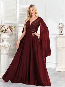 CEILIM 奢华花卉串珠亮片长裙，系带腰身，鱼尾裙摆，优雅正式的派对礼服，适合婚礼宾客、毕业典礼及其他正式场合，春季必备。 - 酒紅色 - 查看 7