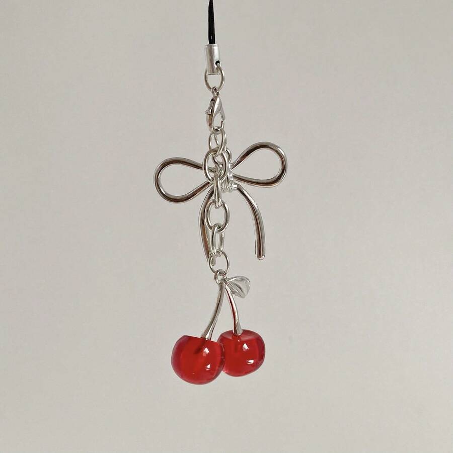 Ins Wind Cherry Bow Keychain, Pearl Bow Silver Peach Heart Shaped Girls Bag Pendant - 紅色掛繩 - 查看 1