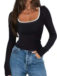 2025秋冬新款女式高领T恤 - 时尚休闲修身不透明上衣，拼色设计，简约通勤运动风。袖口开衩，打造修身效果。适合户外休闲、运动和办公穿着。 - 彩色 - 查看 1