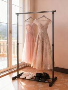 1 pieza Perchero de ropa de lujo minimalista negro para el piso. Perchero de ropa de lujo minimalista negro con ruedas, movilidad flexible. Una sola barra puede colgar vestidos, ropa diaria, y la parte inferior puede almacenar zapatos, adecuado para el almacenamiento de ropa en el dormitorio, exhibición y combinación en el probador, agregando conveniencia y sofisticación a la organización de su armario. - Negro - Ver 7