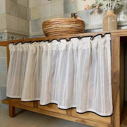 1pc Vintage Japanese Style Striped Short Curtain, Cabinet Curtain, Half Curtain, Cabinet Divider Curtain, Dust-Proof, No Drilling Required