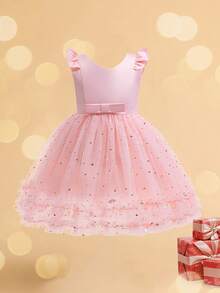女童星星网眼薄纱连衣裙，幼儿和小女孩盖袖派对连衣裙 - 淺粉色 - 查看 2