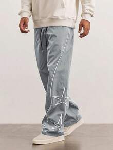 Pantalones de corte holgado para hombre Bordado de estrellas a rayas laterales Estilo americano vintage - Gris - Ver 3