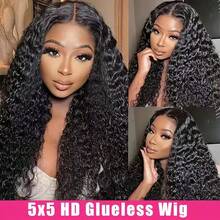 Uveous 5x5 Hd Lace Closure Wear And Go Glueless Wigs Human Hair Pre Plucked Pre Cut Deep Wave Curly Lace Front Wigs Human Hair Wet And Wave Human Hair Wig For Women 250% Density Natural Color - Natural Black - 查看 3